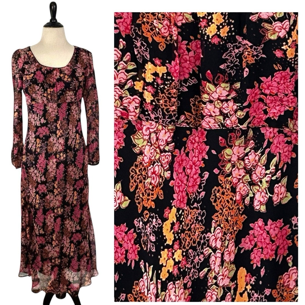 Pink Floral Midi Babydoll Dress S Black Y2K Sheer Dark Fairy Cottage Feminine